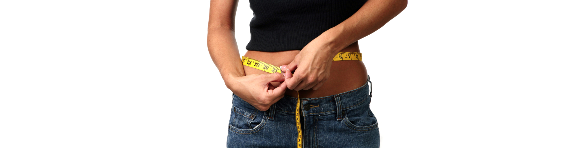 Dieting Woman Measuring Her Waist Line on White